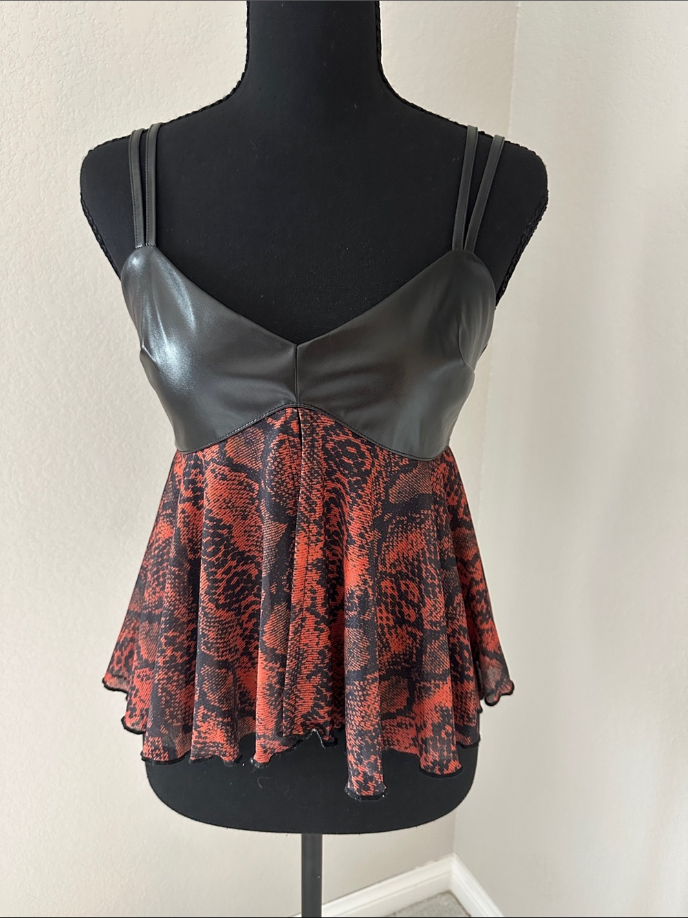 Black Faux-Leather & Red Snake-Print Flared Cami